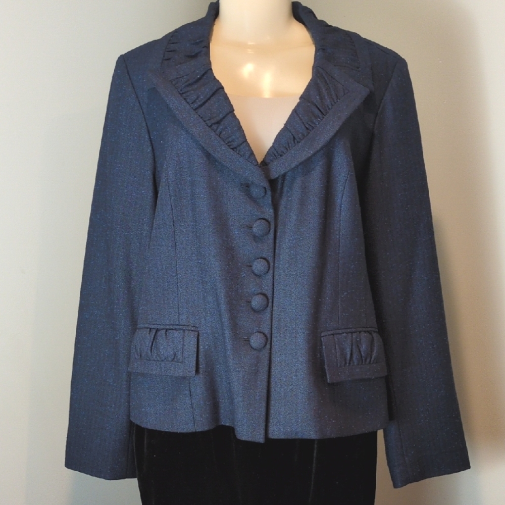 George Designs By Mark Eisen Navy Marled Texture Ruffle Button Front Blazer 16